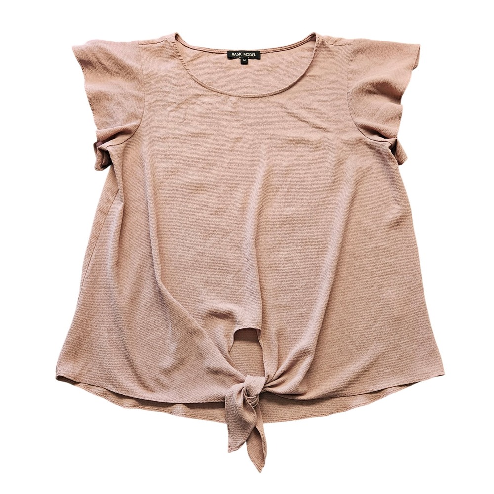 Basic Model Women Dusty Rose Flutter Sleeve Tie Front Crepe Blouse Medium